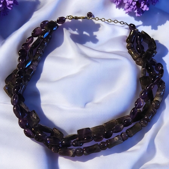 3 Strand Purple Amethyst Polished Precious Gemstones Necklace - Picture 2 of 5